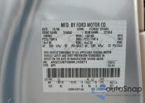 2009 Mercury Mariner Premier z USA, uszkodzony, nr VIN 4M2CU87G69KJ10971